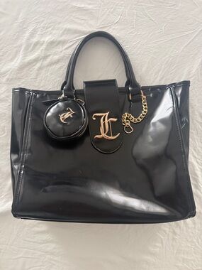 Juicy Couture Black Patent Tote with Gold Logo and Chain